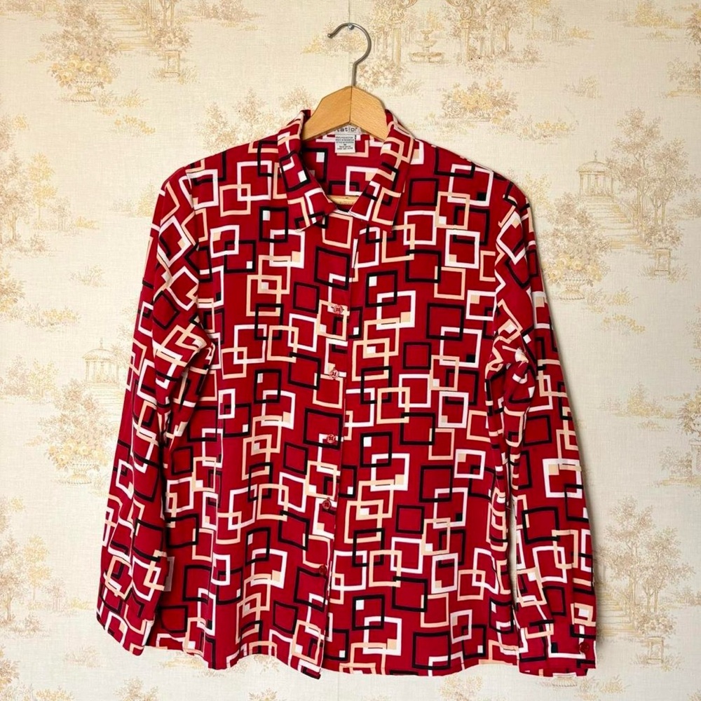 Vintage red black white mod square print long sleeve button front collared top M